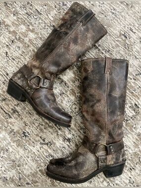 Frye 15R Harness Boots Tall  Distressed Leather Taupe Brown Rodeo Western